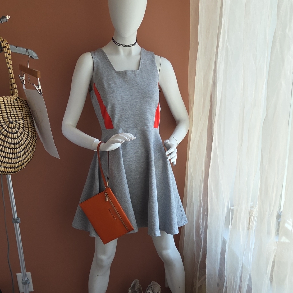 French Connection Gray Dress with Red Accents